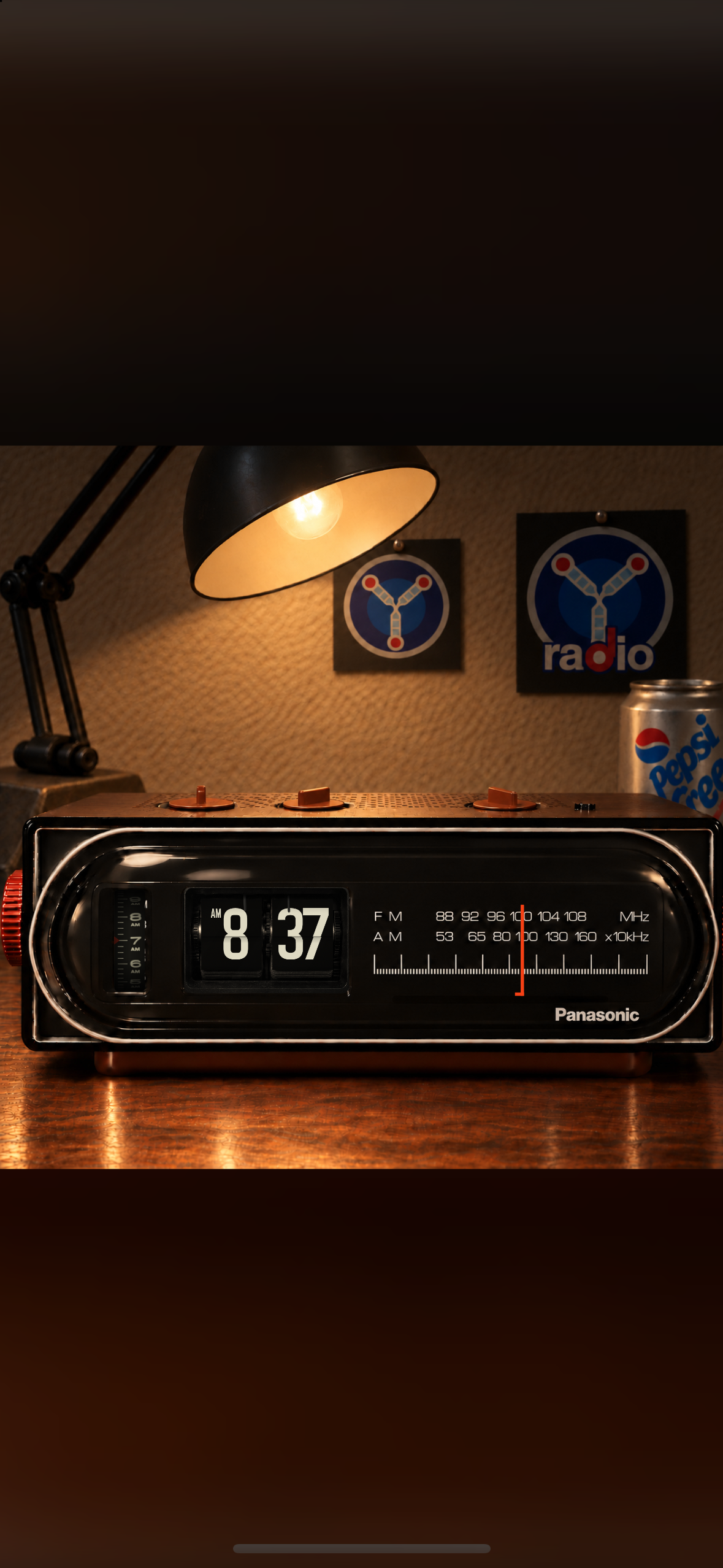 BTTF Radio in its warm bedside scene, showing a photographic Panasonic RC-6015 with a working flip clock